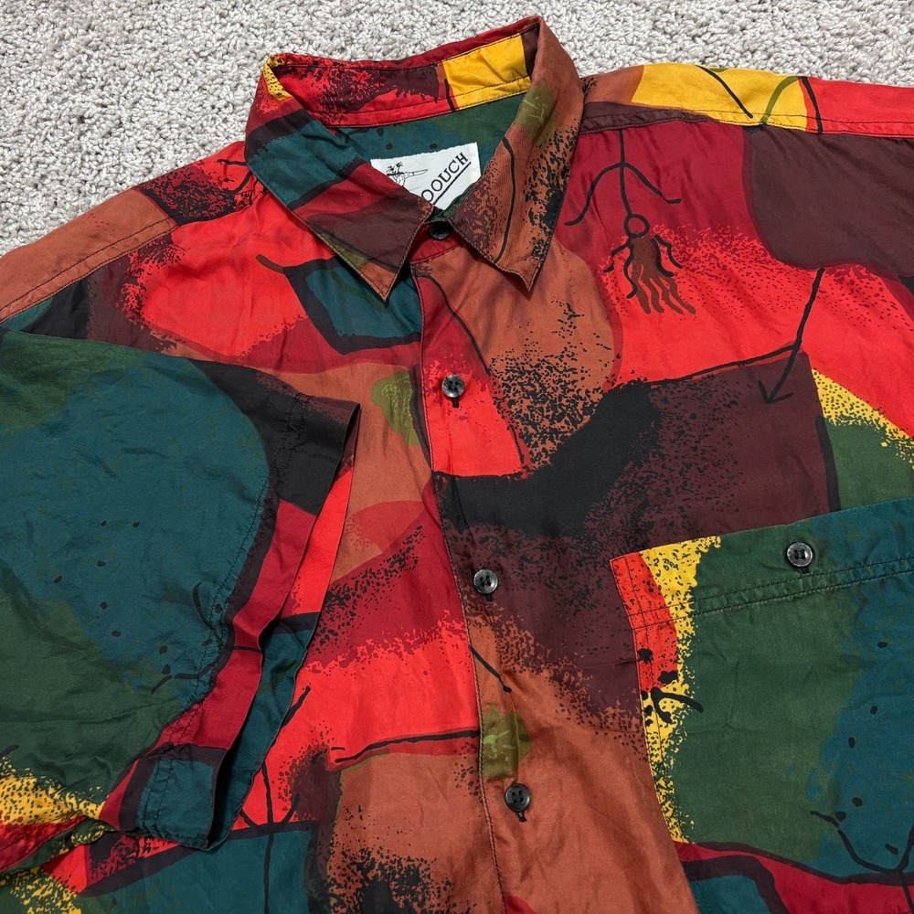 GOOUCH Shirt 100% Silk Button Up Short Sleeve Art Abstract AOP Pocket Mens Large